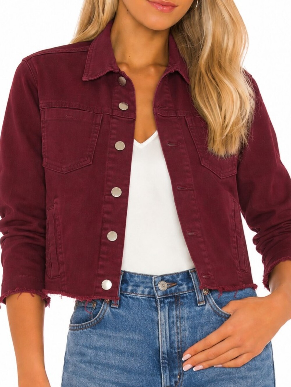 L'AGENCE Janelle Raw Hem Jean Jacket Burgundy Size L